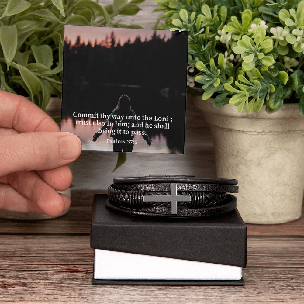 Commit Psalm 37:5 Men's Stainless Steel & Vegan Leather Cross Bracelet - Vegan Leather with Stainless Steel-Express Your Love Gifts