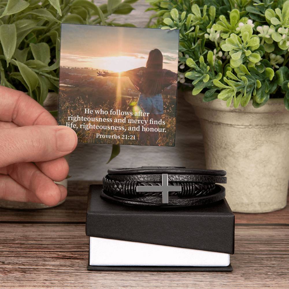 Righteousness and Honour Proverbs 21:21 Men's Stainless Steel & Vegan Leather Cross Bracelet - Vegan Leather with Stainless Steel-Express Your Love Gifts