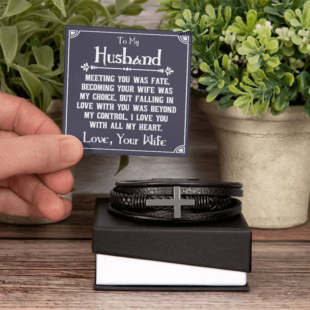To My Husband Meeting You Was Fate Men's Cross Bracelet - Vegan Leather with Stainless Steel-Express Your Love Gifts