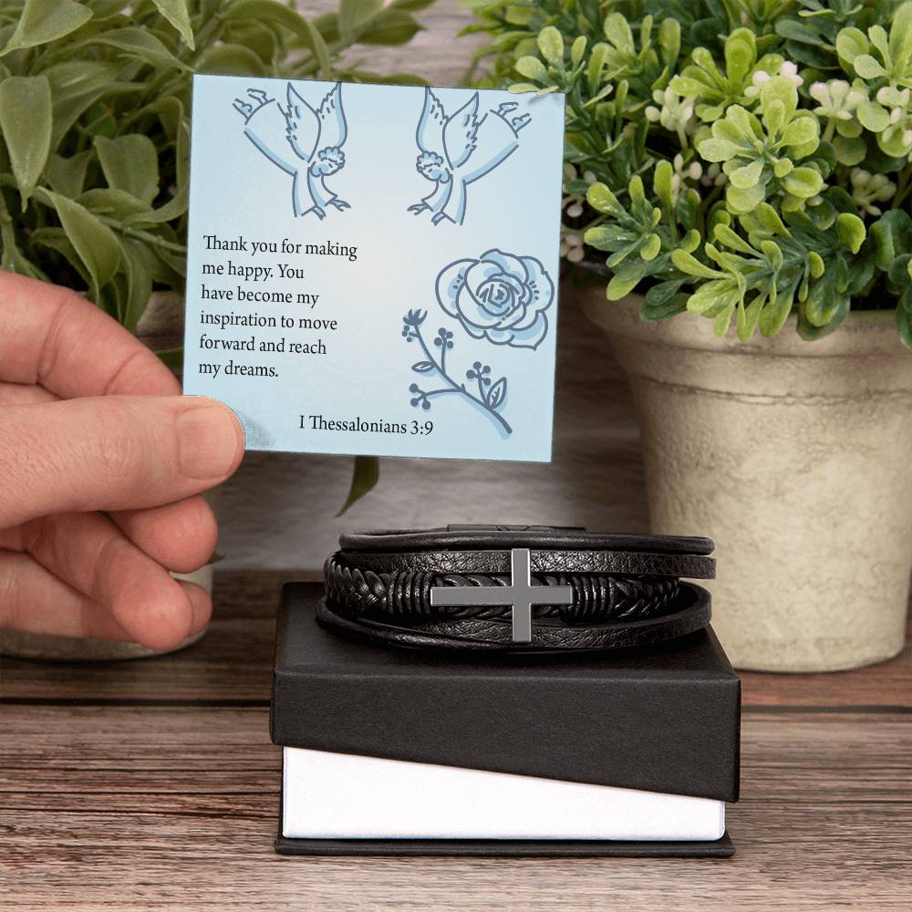You're my Inspiration Thessalonians Men's Stainless Steel & Vegan Leather Cross Bracelet - Vegan Leather with Stainless Steel-Express Your Love Gifts