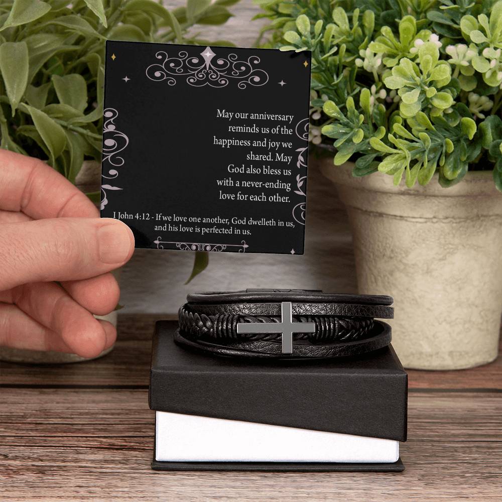 Happiness 1 John 4:12 Men's Stainless Steel & Vegan Leather Cross Bracelet - Vegan Leather with Stainless Steel-Express Your Love Gifts
