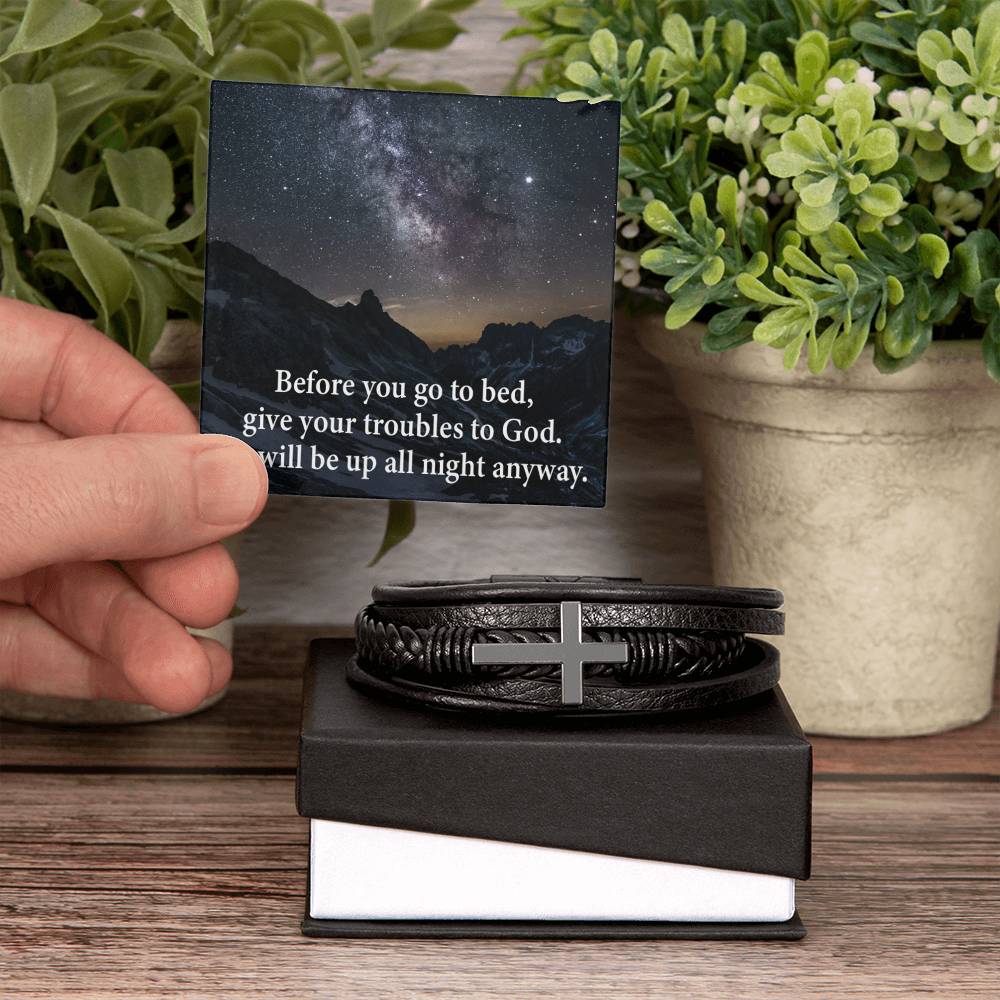 Give Your Trouble to God Men's Stainless Steel & Vegan Leather Cross Bracelet - Vegan Leather with Stainless Steel-Express Your Love Gifts