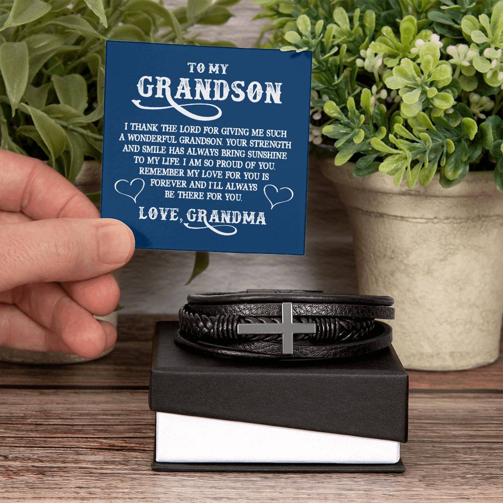 To My GrandSon I Thank The LORD For Giving Me Such Men's Cross Bracelet - Vegan Leather with Stainless Steel-Express Your Love Gifts