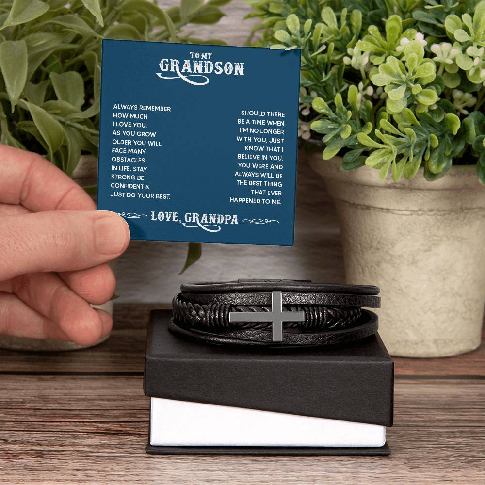 To My Grandson Always Remember From Grandpa Men's Cross Bracelet - Vegan Leather with Stainless Steel-Express Your Love Gifts