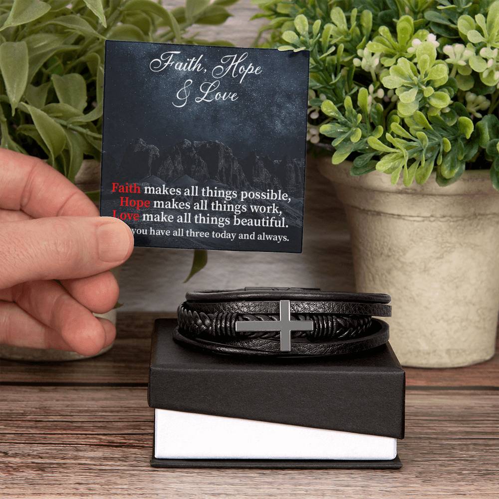 Faith Hope & Love Men's Stainless Steel & Vegan Leather Cross Bracelet - Vegan Leather with Stainless Steel-Express Your Love Gifts