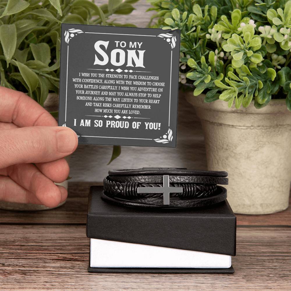 To My Son I Wish You the Strength to Face Challenges Men's Cross Bracelet - Vegan Leather with Stainless Steel-Express Your Love Gifts