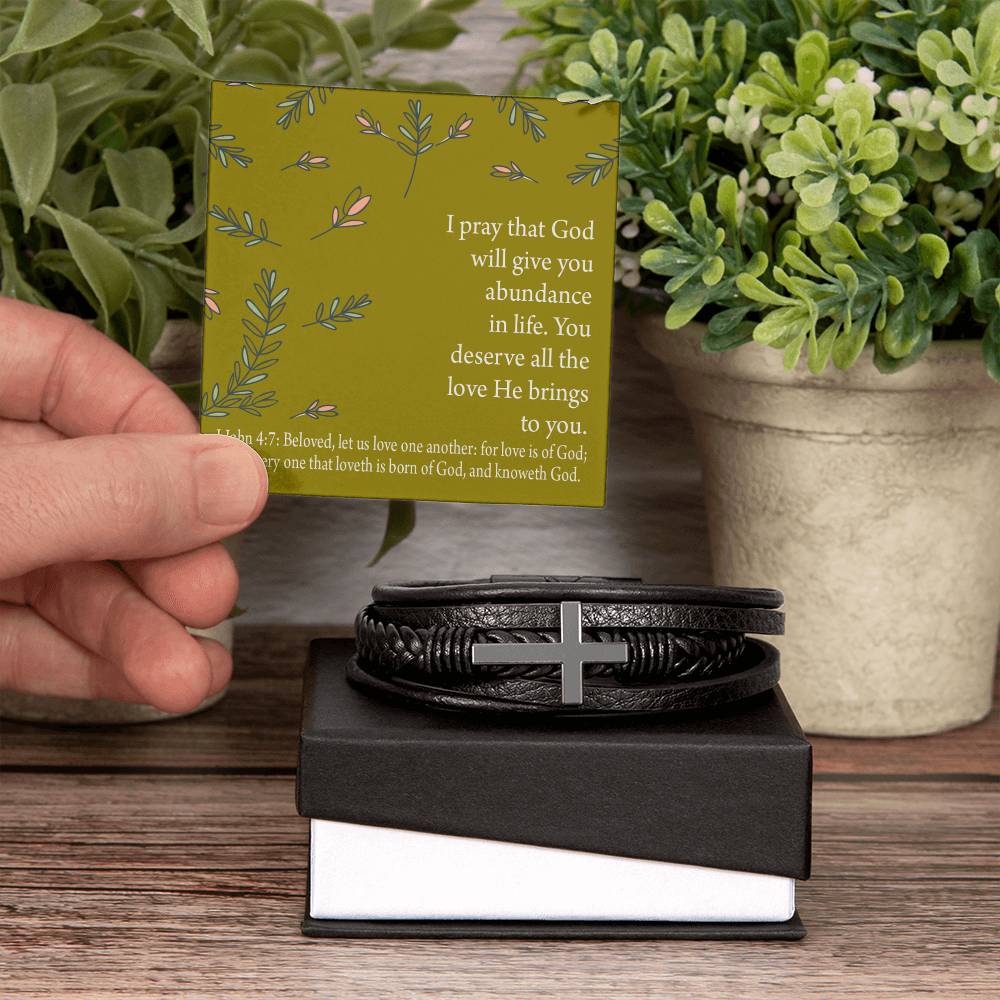 God's Love Faith 1 John 4 :7 Men's Stainless Steel & Vegan Leather Cross Bracelet - Vegan Leather with Stainless Steel-Express Your Love Gifts