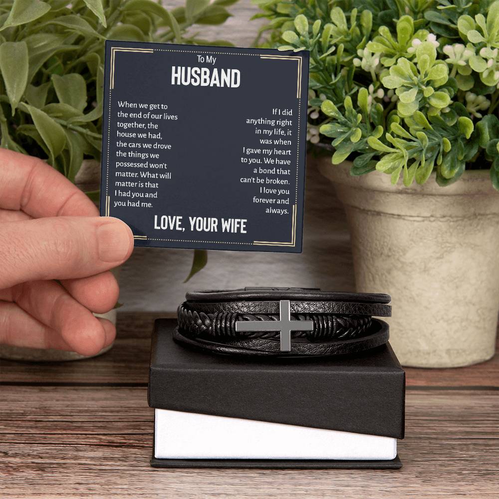 To My Husband When We Get to the End of Our Lives Men's Cross Bracelet - Vegan Leather with Stainless Steel-Express Your Love Gifts