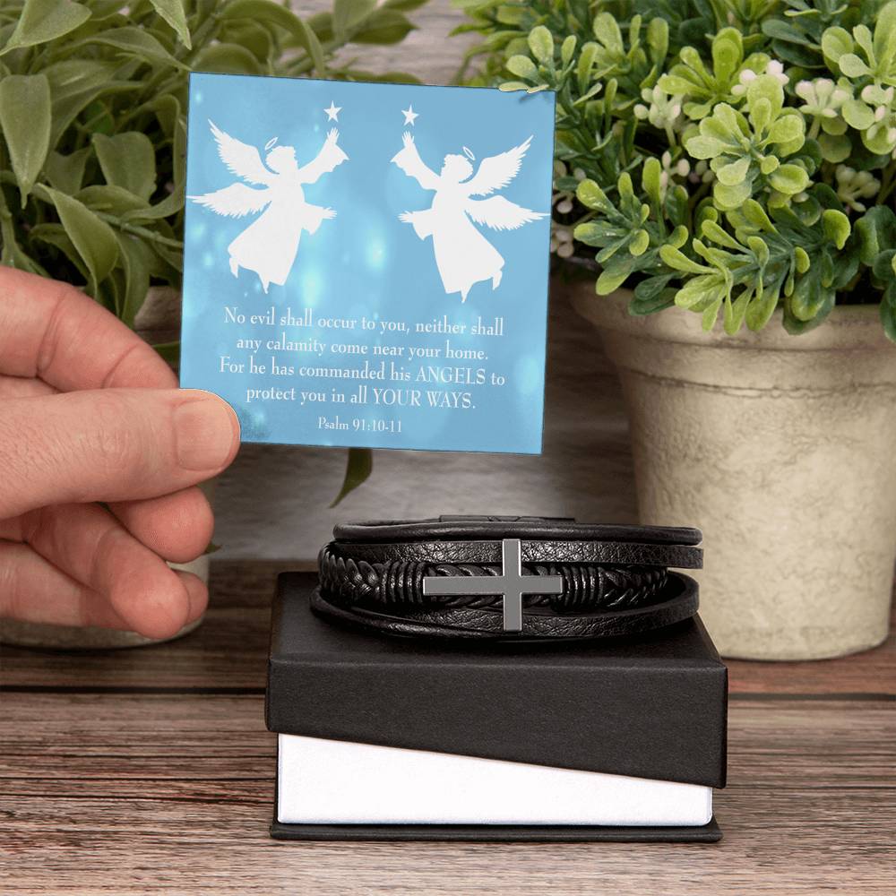 Psalm 91 Blue Men's Stainless Steel & Vegan Leather Cross Bracelet - Vegan Leather with Stainless Steel-Express Your Love Gifts