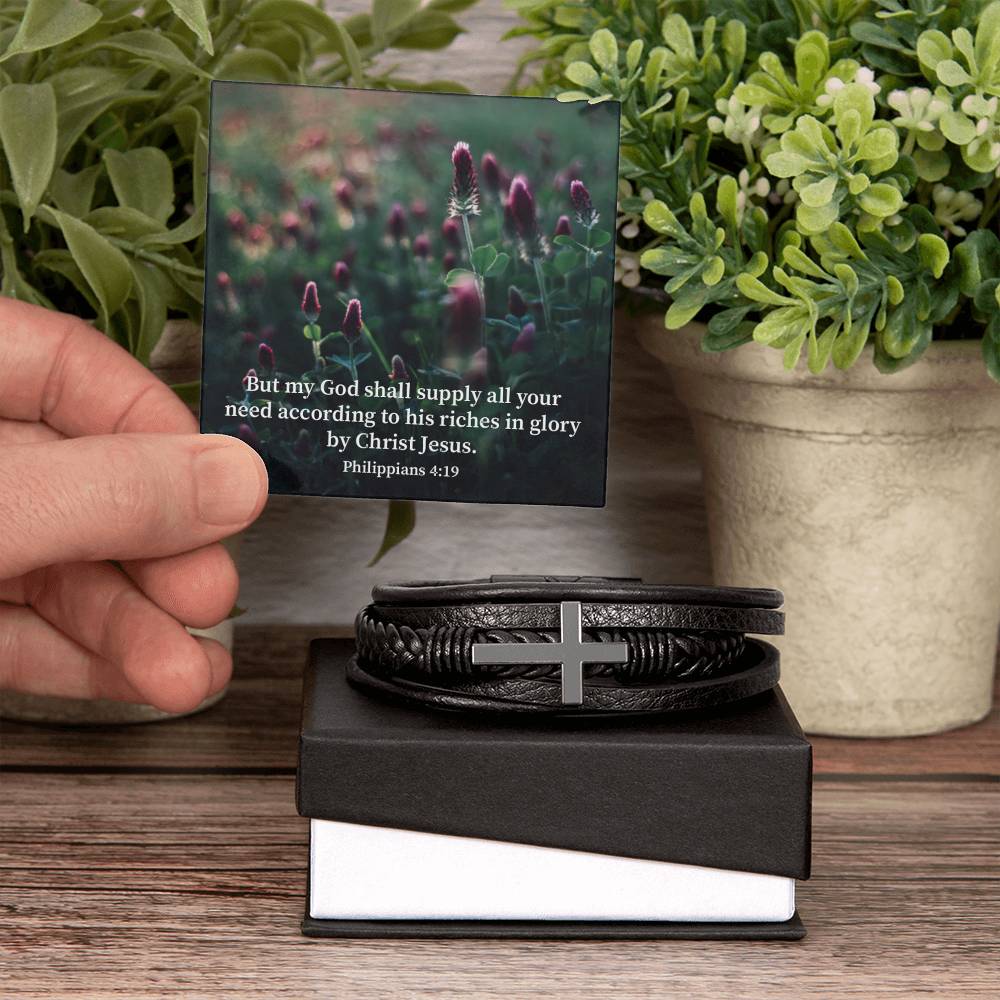 God Supply All Your Need Philippians 4:19 Men's Stainless Steel & Vegan Leather Cross Bracelet - Vegan Leather with Stainless Steel-Express Your Love Gifts