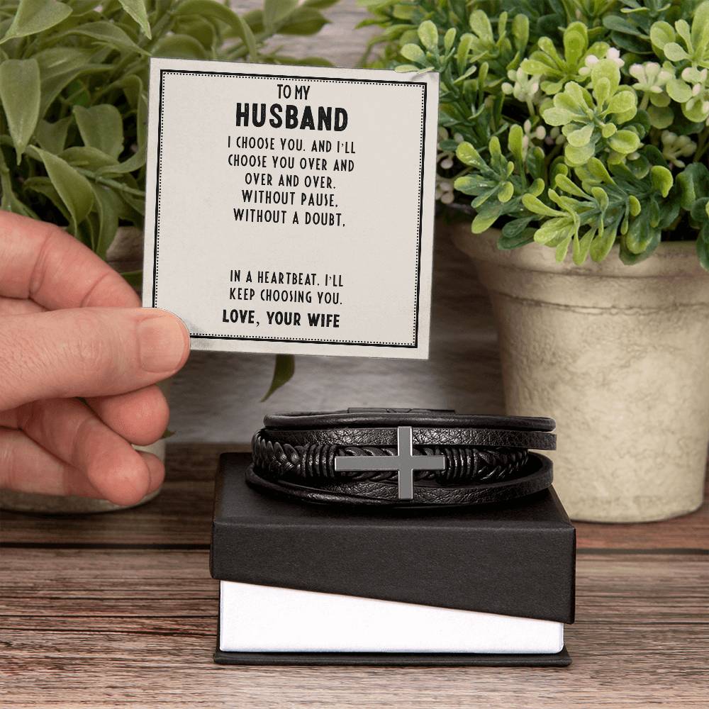 To My Husband I Choose You Men's Cross Bracelet - Vegan Leather with Stainless Steel-Express Your Love Gifts