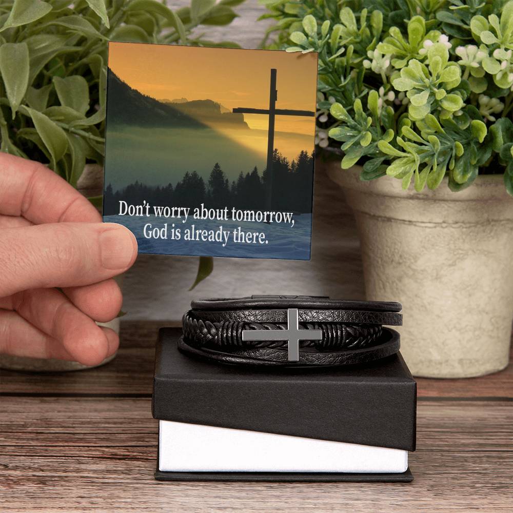 Don’t Worry About Tomorrow Men's Stainless Steel & Vegan Leather Cross Bracelet - Vegan Leather with Stainless Steel-Express Your Love Gifts