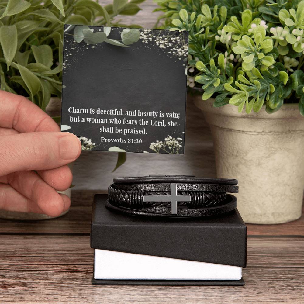 Fear the Lord Proverbs 31:30 Men's Stainless Steel & Vegan Leather Cross Bracelet - Vegan Leather with Stainless Steel-Express Your Love Gifts