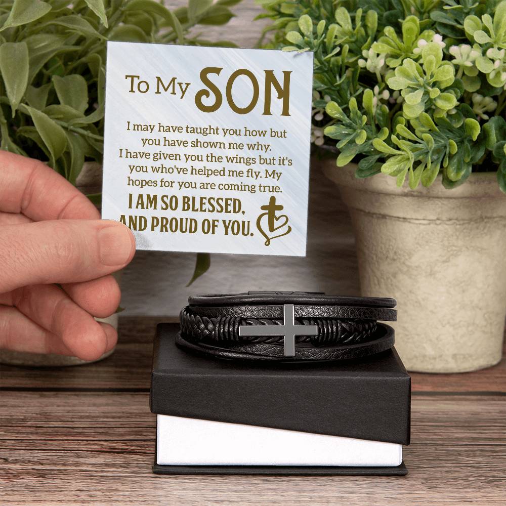 To My Son I Am So Blessed Men's Cross Bracelet - Vegan Leather with Stainless Steel-Express Your Love Gifts
