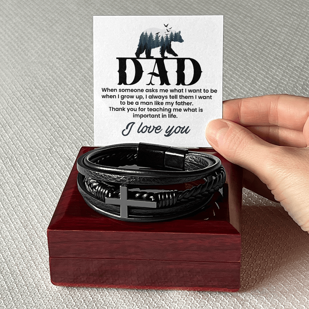 Man Like My Father Men's Cross Bracelet - Vegan Leather with Stainless Steel-Express Your Love Gifts