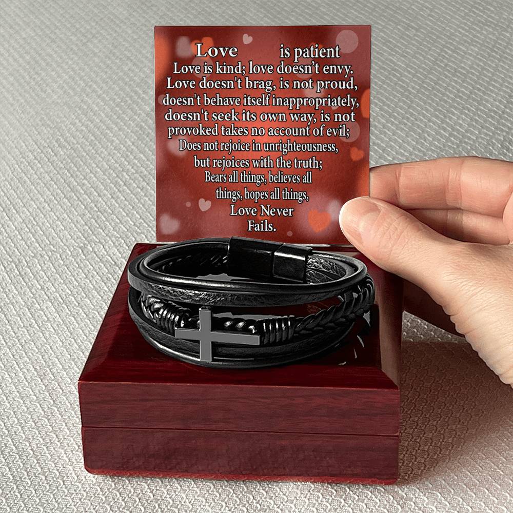 Love is Corinthians Men's Stainless Steel & Vegan Leather Cross Bracelet - Vegan Leather with Stainless Steel-Express Your Love Gifts