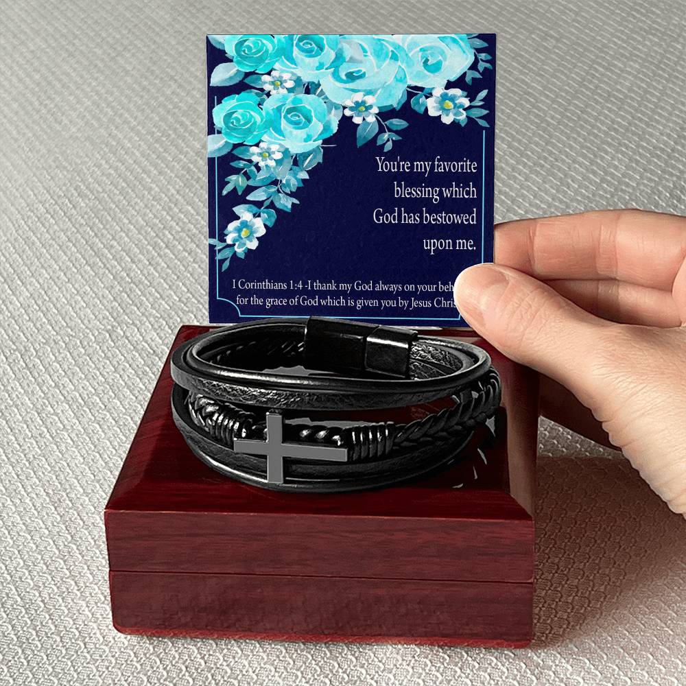 Thinking of You 1 Corinthians 1:4 Men's Stainless Steel & Vegan Leather Cross Bracelet - Vegan Leather with Stainless Steel-Express Your Love Gifts