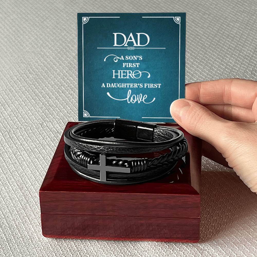 Dad a Sons First Hero Men's Cross Bracelet - Vegan Leather with Stainless Steel-Express Your Love Gifts