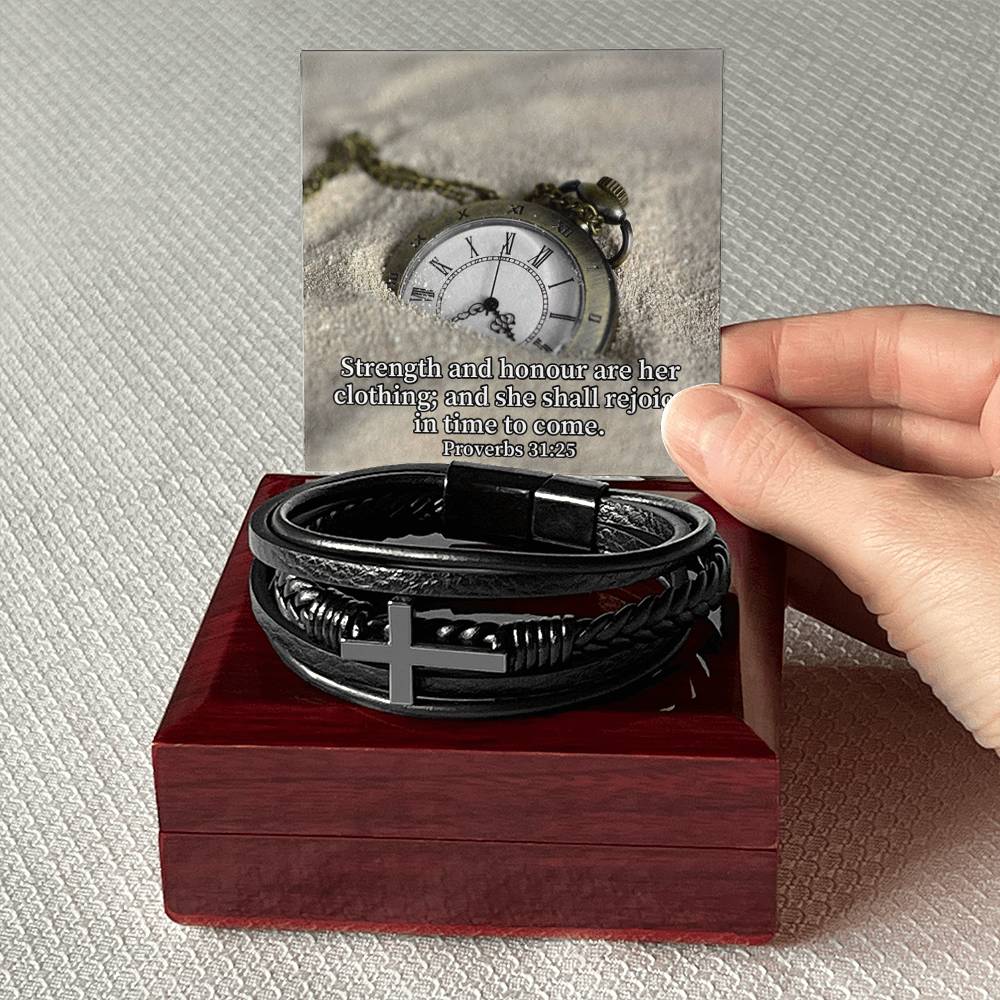 Her Strength Proverbs 31:25 Men's Stainless Steel & Vegan Leather Cross Bracelet - Vegan Leather with Stainless Steel-Express Your Love Gifts