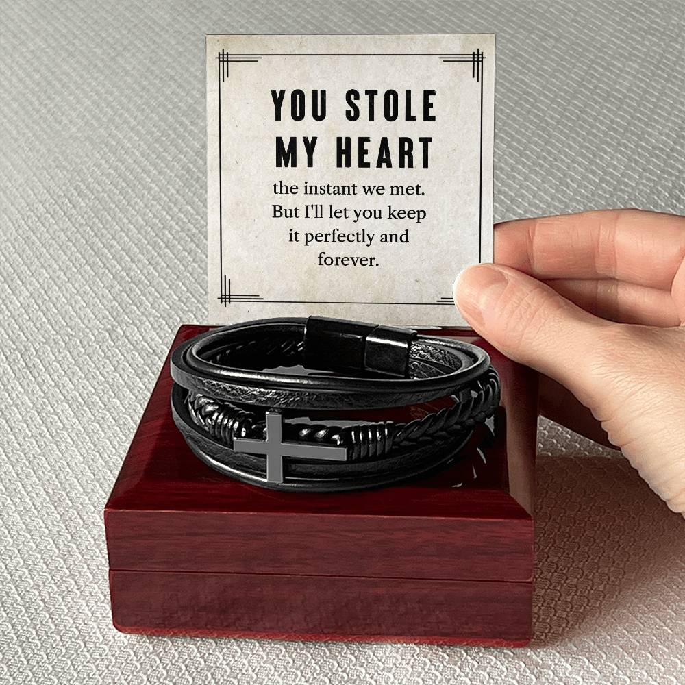 My To Man You Stole My Heart Men's Cross Bracelet - Vegan Leather with Stainless Steel-Express Your Love Gifts