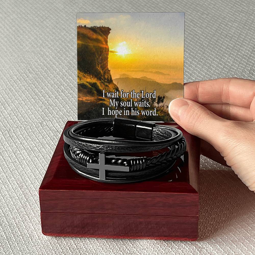 Hope in God Psalm130:5 Men's Stainless Steel & Vegan Leather Cross Bracelet - Vegan Leather with Stainless Steel-Express Your Love Gifts