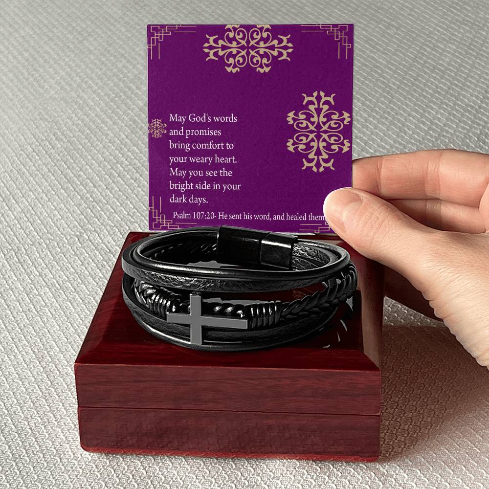 Get Well God's Words & Promises Psalm 107:20 Men's Stainless Steel & Vegan Leather Cross Bracelet - Vegan Leather with Stainless Steel-Express Your Love Gifts