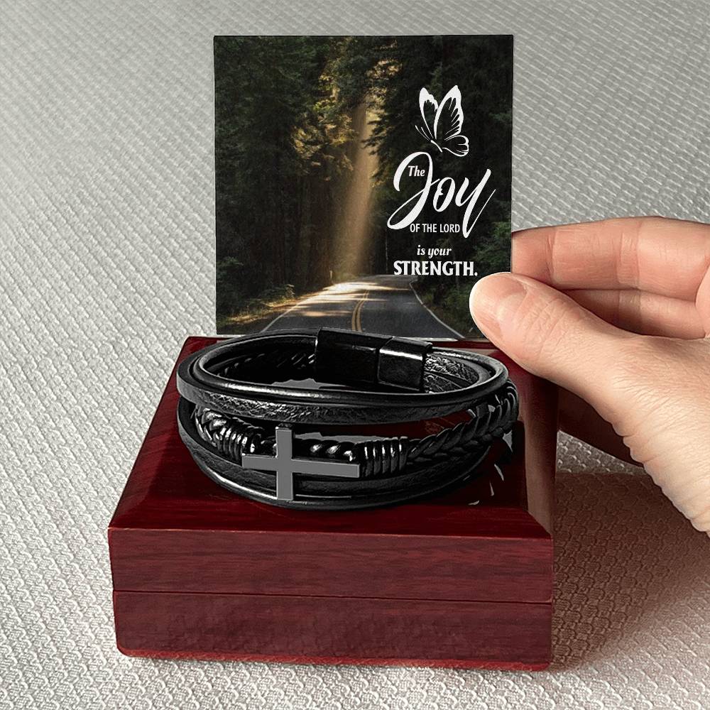 The Joy of The Lord is Your Strength Men's Stainless Steel & Vegan Leather Cross Bracelet - Vegan Leather with Stainless Steel-Express Your Love Gifts