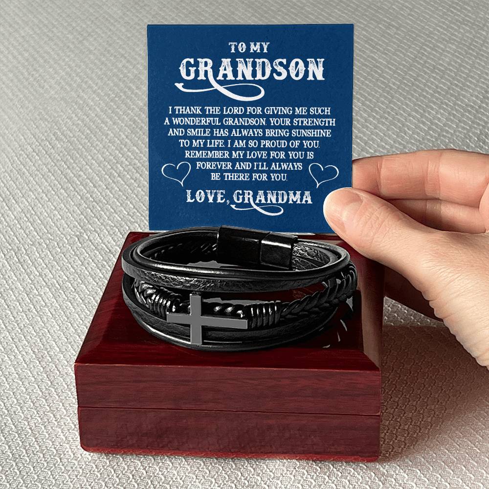 To My GrandSon I Thank The LORD For Giving Me Such Men's Cross Bracelet - Vegan Leather with Stainless Steel-Express Your Love Gifts
