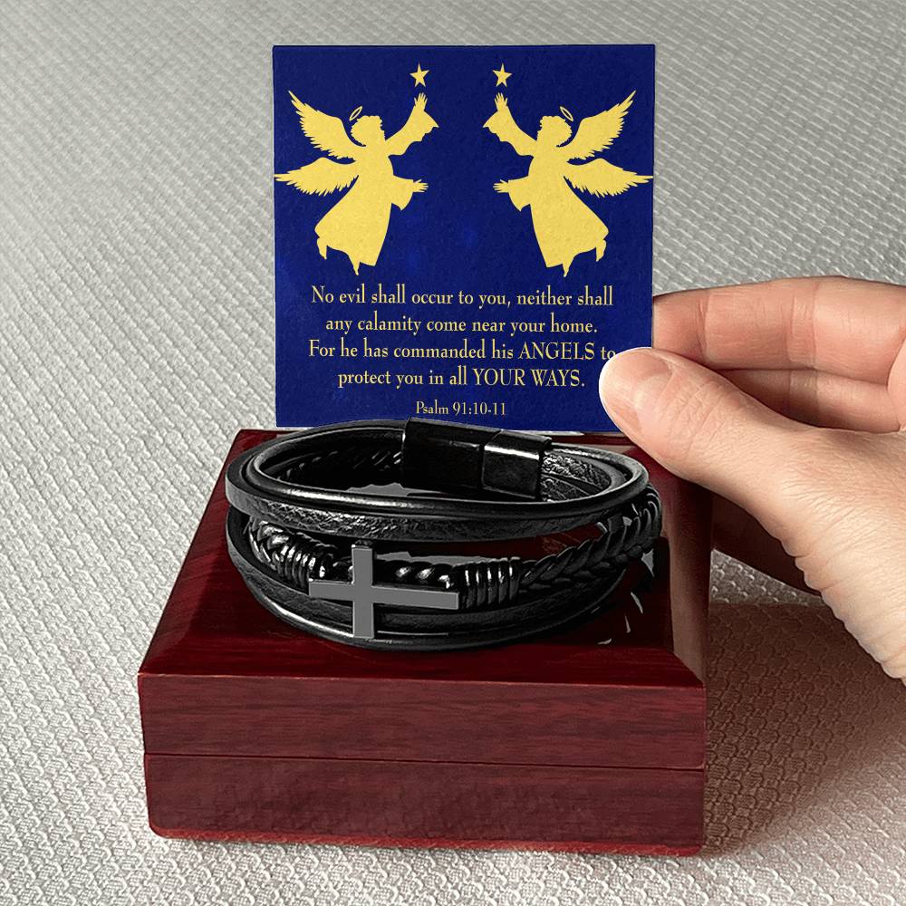 Angels Over You Psalm 91 Men's Stainless Steel & Vegan Leather Cross Bracelet - Vegan Leather with Stainless Steel-Express Your Love Gifts