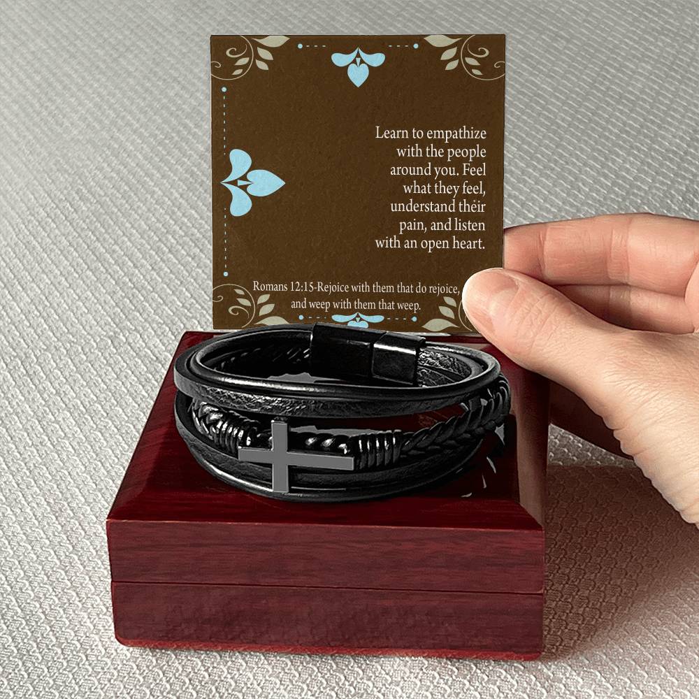 Empathy & Understanding Romans 12:15 Men's Stainless Steel & Vegan Leather Cross Bracelet - Vegan Leather with Stainless Steel-Express Your Love Gifts