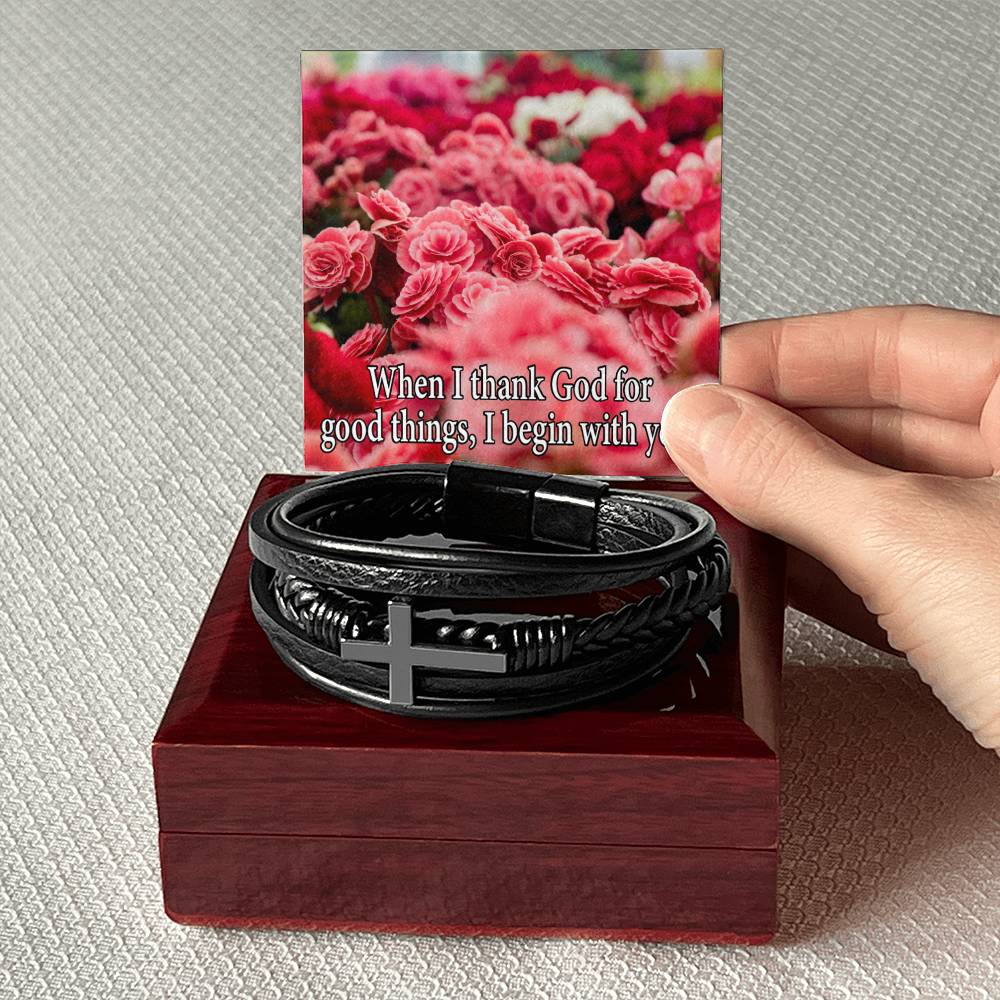 I Thank God Philippians 1:3 Men's Stainless Steel & Vegan Leather Cross Bracelet - Vegan Leather with Stainless Steel-Express Your Love Gifts