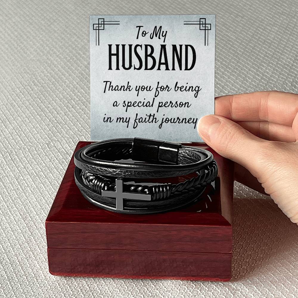 To My Husband Thank You for Being Special Men's Cross Bracelet - Vegan Leather with Stainless Steel-Express Your Love Gifts