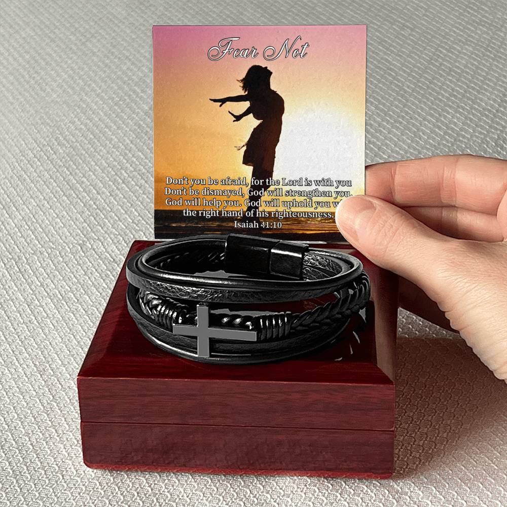 Fear Not Isaiah 41:10 Men's Stainless Steel & Vegan Leather Cross Bracelet - Vegan Leather with Stainless Steel-Express Your Love Gifts