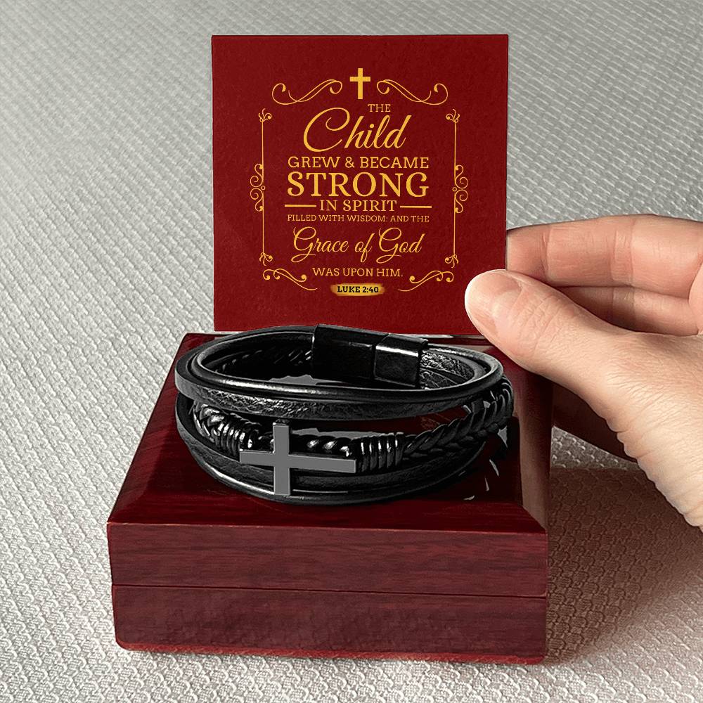 Grace of God Luke 2:40 Men's Stainless Steel & Vegan Leather Cross Bracelet - Vegan Leather with Stainless Steel-Express Your Love Gifts