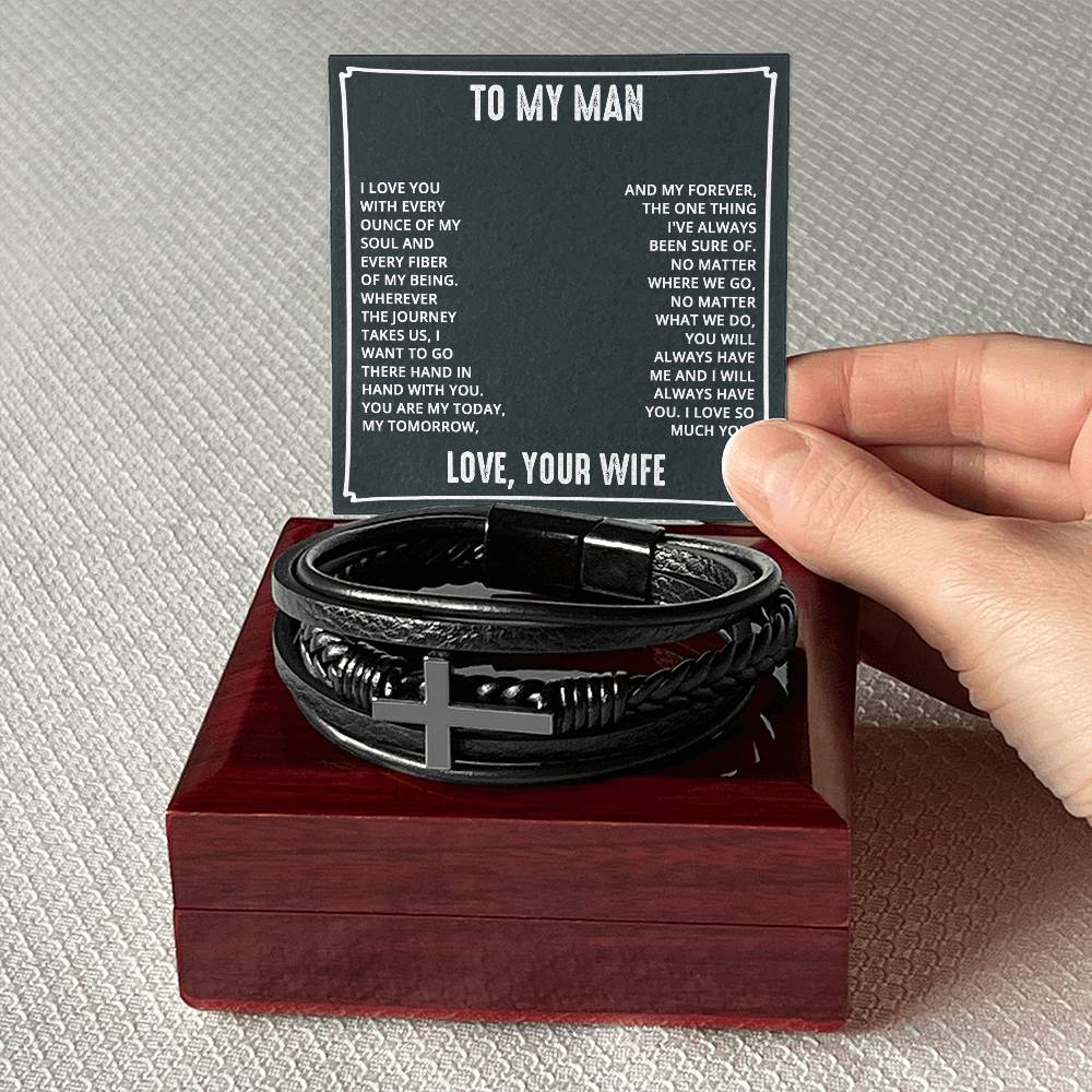 To My Man I Love You With Every Ounce Men's Cross Bracelet - Vegan Leather with Stainless Steel-Express Your Love Gifts