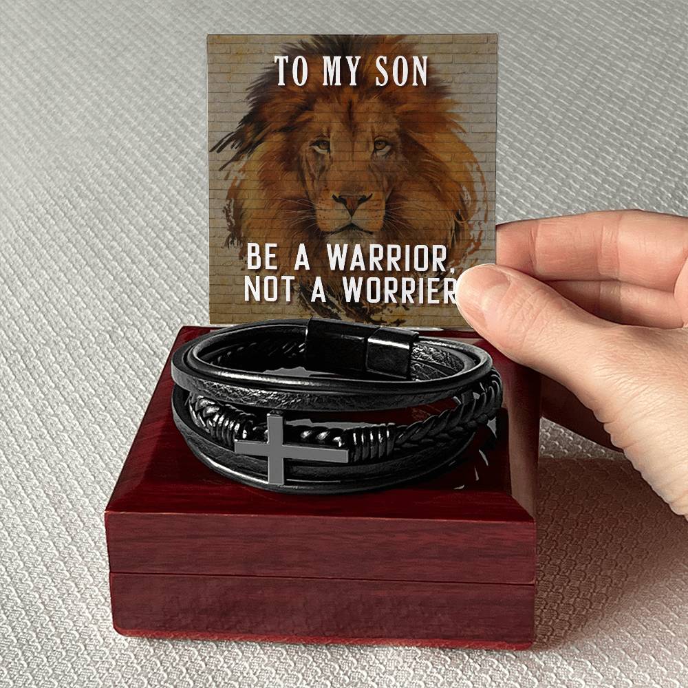 Be a Warrior Not a Worrier Men's Cross Bracelet - Vegan Leather with Stainless Steel-Express Your Love Gifts
