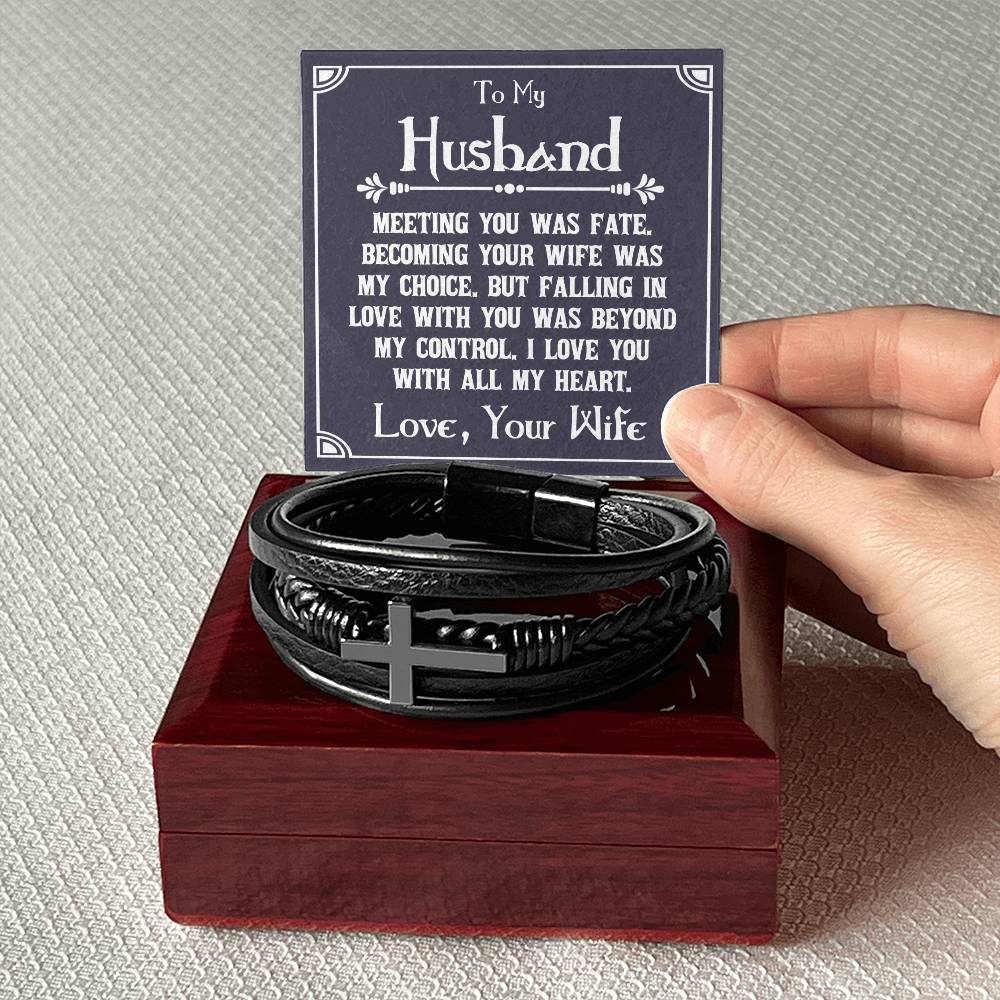 To My Husband Meeting You Was Fate Men's Cross Bracelet - Vegan Leather with Stainless Steel-Express Your Love Gifts