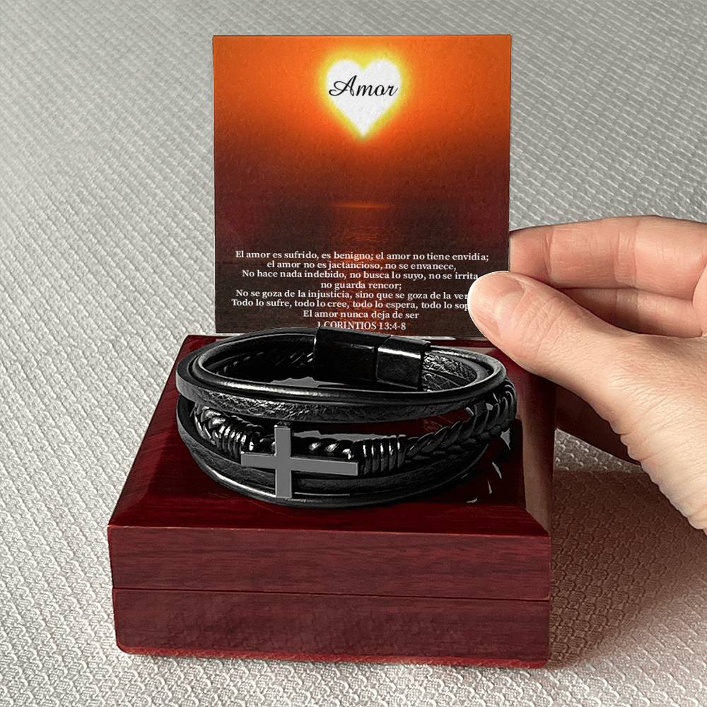 Amor Spanish Corintos 13:4-8 Men's Stainless Steel & Vegan Leather Cross Bracelet - Vegan Leather with Stainless Steel-Express Your Love Gifts