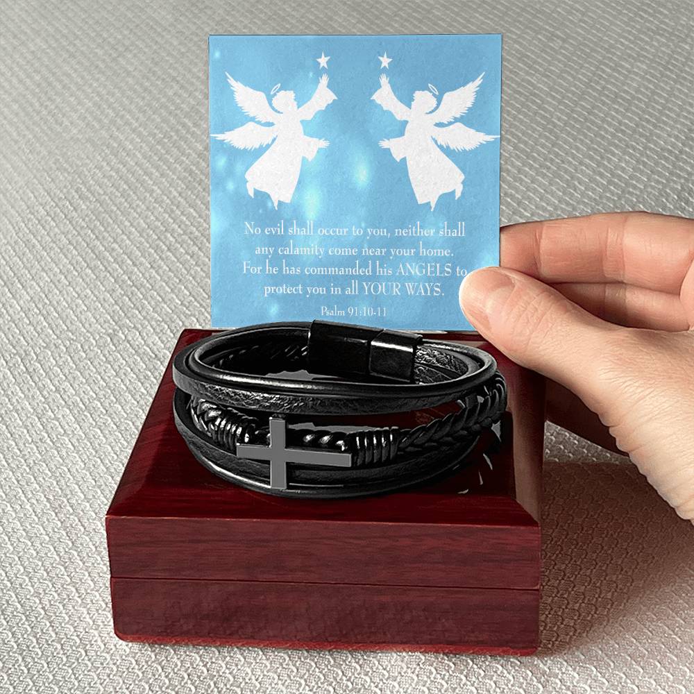 Psalm 91 Blue Men's Stainless Steel & Vegan Leather Cross Bracelet - Vegan Leather with Stainless Steel-Express Your Love Gifts