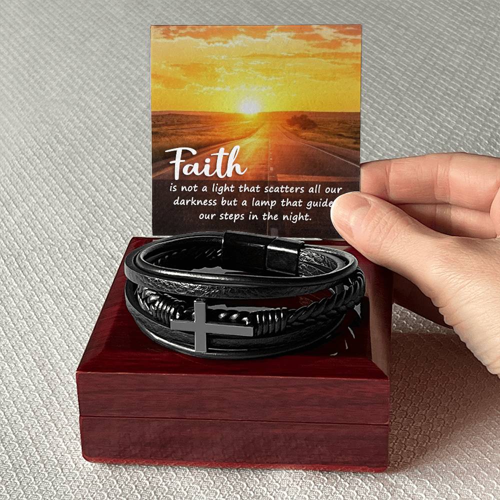Faith is Not a Light Men's Stainless Steel & Vegan Leather Cross Bracelet - Vegan Leather with Stainless Steel-Express Your Love Gifts