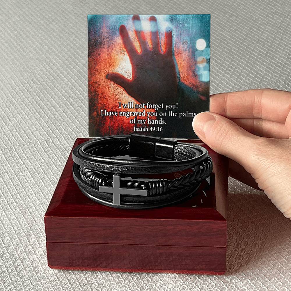 I Will Not Forget You Isaiah 49:16 Men's Stainless Steel & Vegan Leather Cross Bracelet - Vegan Leather with Stainless Steel-Express Your Love Gifts