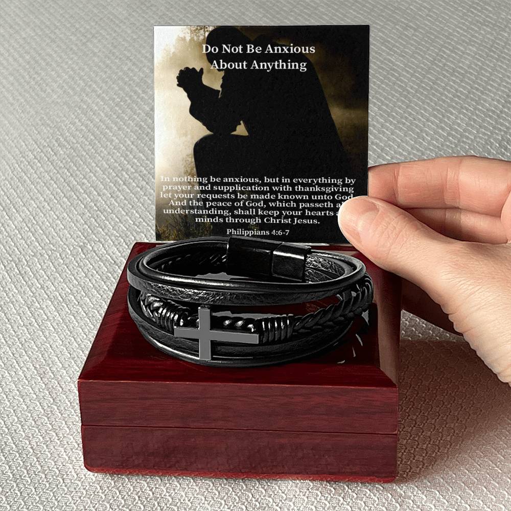 Do Not be Anxious About Anything Philippians 4:6-7 Men's Stainless Steel & Vegan Leather Cross Bracelet - Vegan Leather with Stainless Steel-Express Your Love Gifts