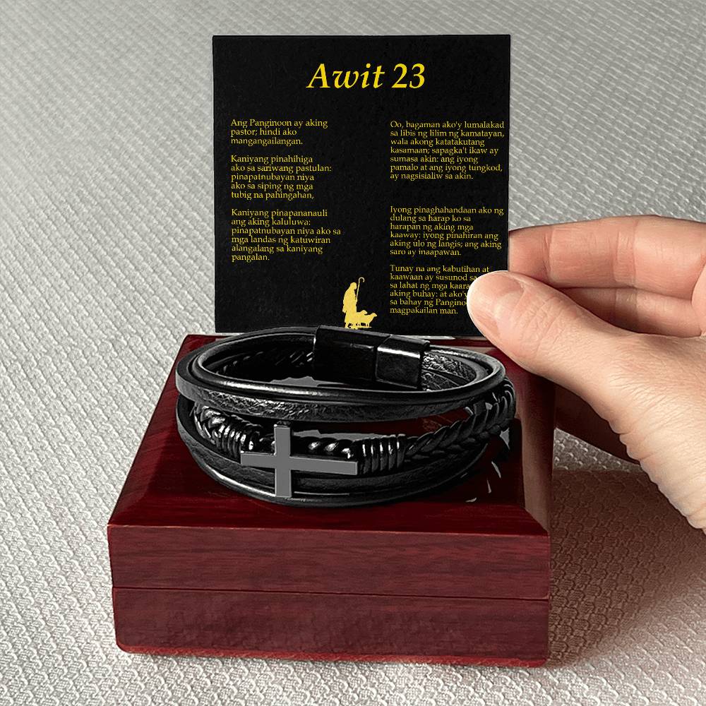 Lord is my Shepherd Tagalog Awit Men's Stainless Steel & Vegan Leather Cross Bracelet - Vegan Leather with Stainless Steel-Express Your Love Gifts