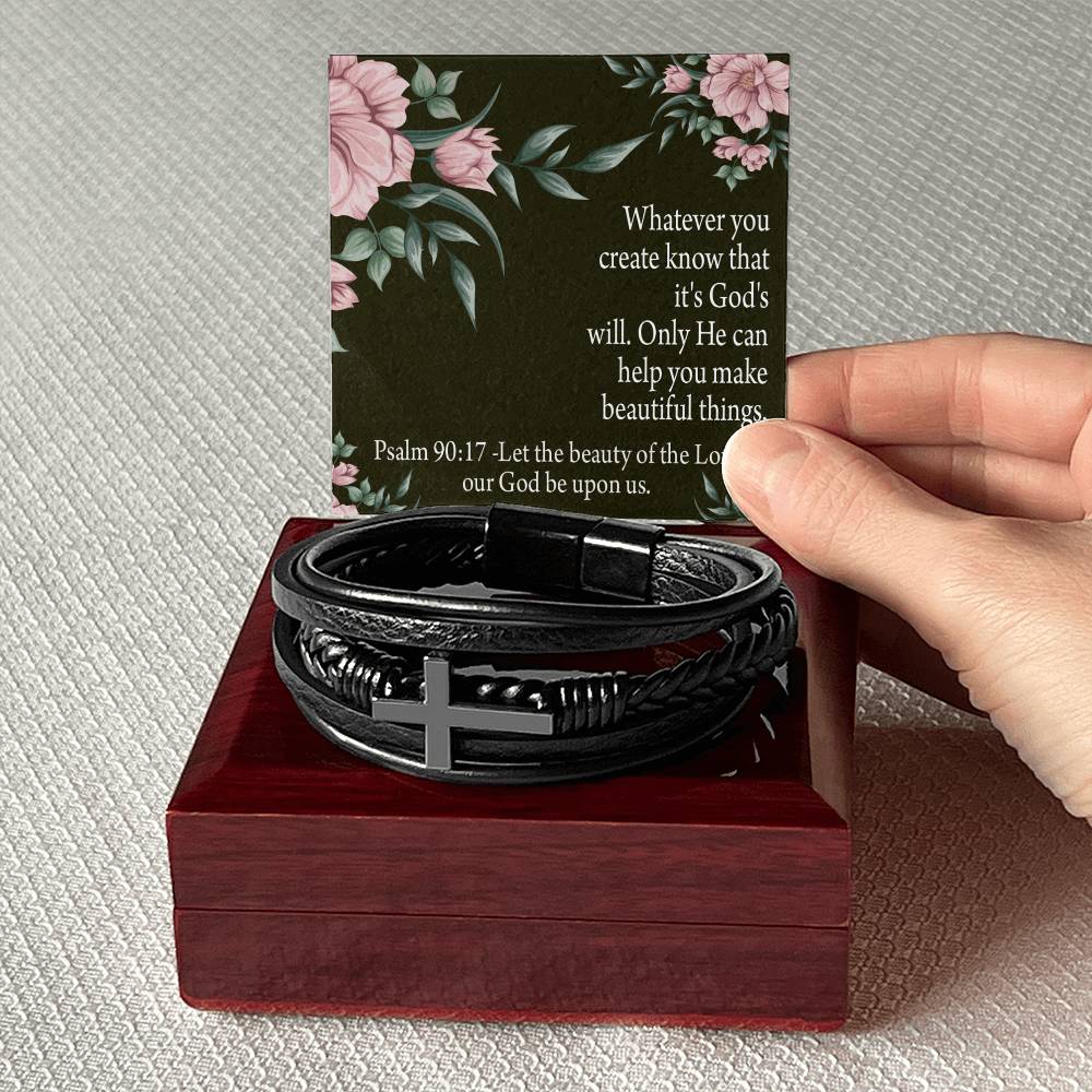 God's Will & Beauty Psalm 90:17 Men's Stainless Steel & Vegan Leather Cross Bracelet - Vegan Leather with Stainless Steel-Express Your Love Gifts