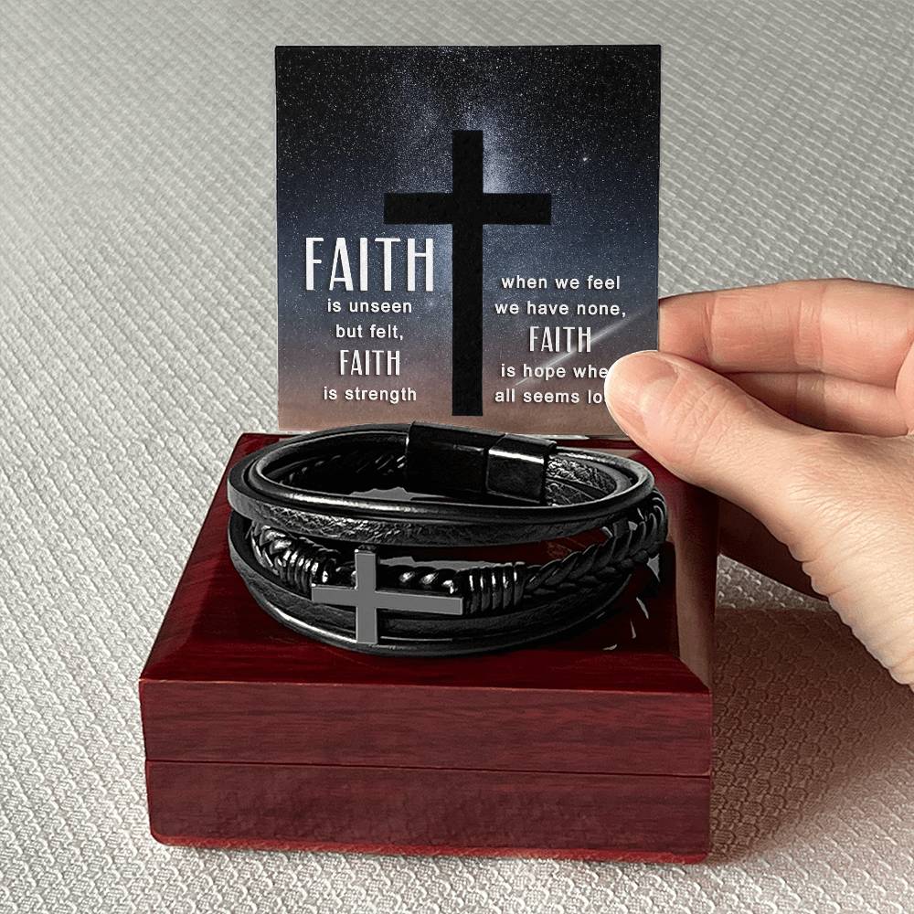 Faith is Unseen But Felt Men's Stainless Steel & Vegan Leather Cross Bracelet - Vegan Leather with Stainless Steel-Express Your Love Gifts