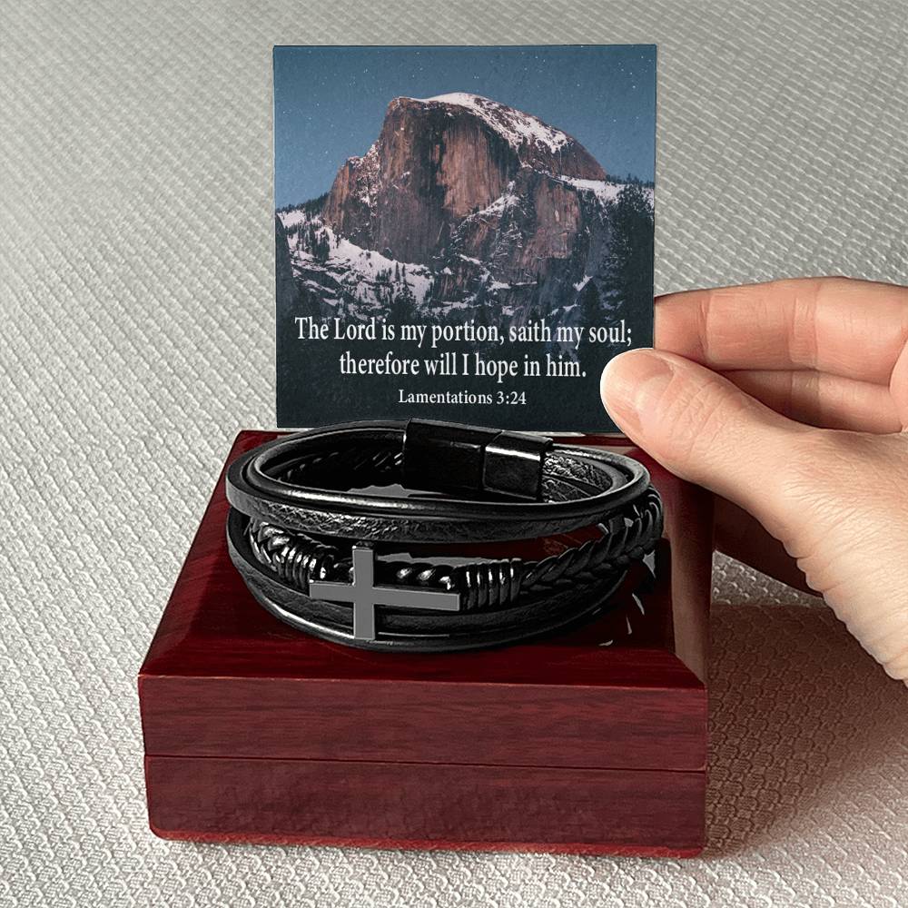 Hope in Him Lamentations 32:4 Men's Stainless Steel & Vegan Leather Cross Bracelet - Vegan Leather with Stainless Steel-Express Your Love Gifts