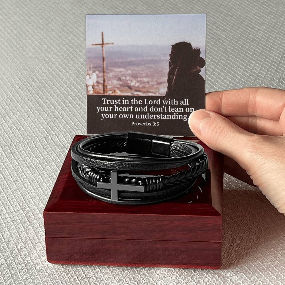 Trust Proverbs 3:5 Men's Stainless Steel & Vegan Leather Cross Bracelet - Vegan Leather with Stainless Steel-Express Your Love Gifts