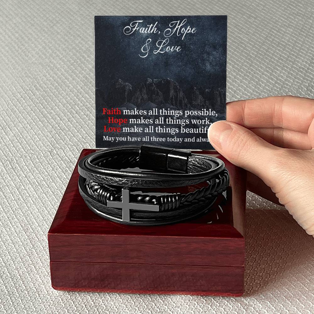 Faith Hope & Love Men's Stainless Steel & Vegan Leather Cross Bracelet - Vegan Leather with Stainless Steel-Express Your Love Gifts