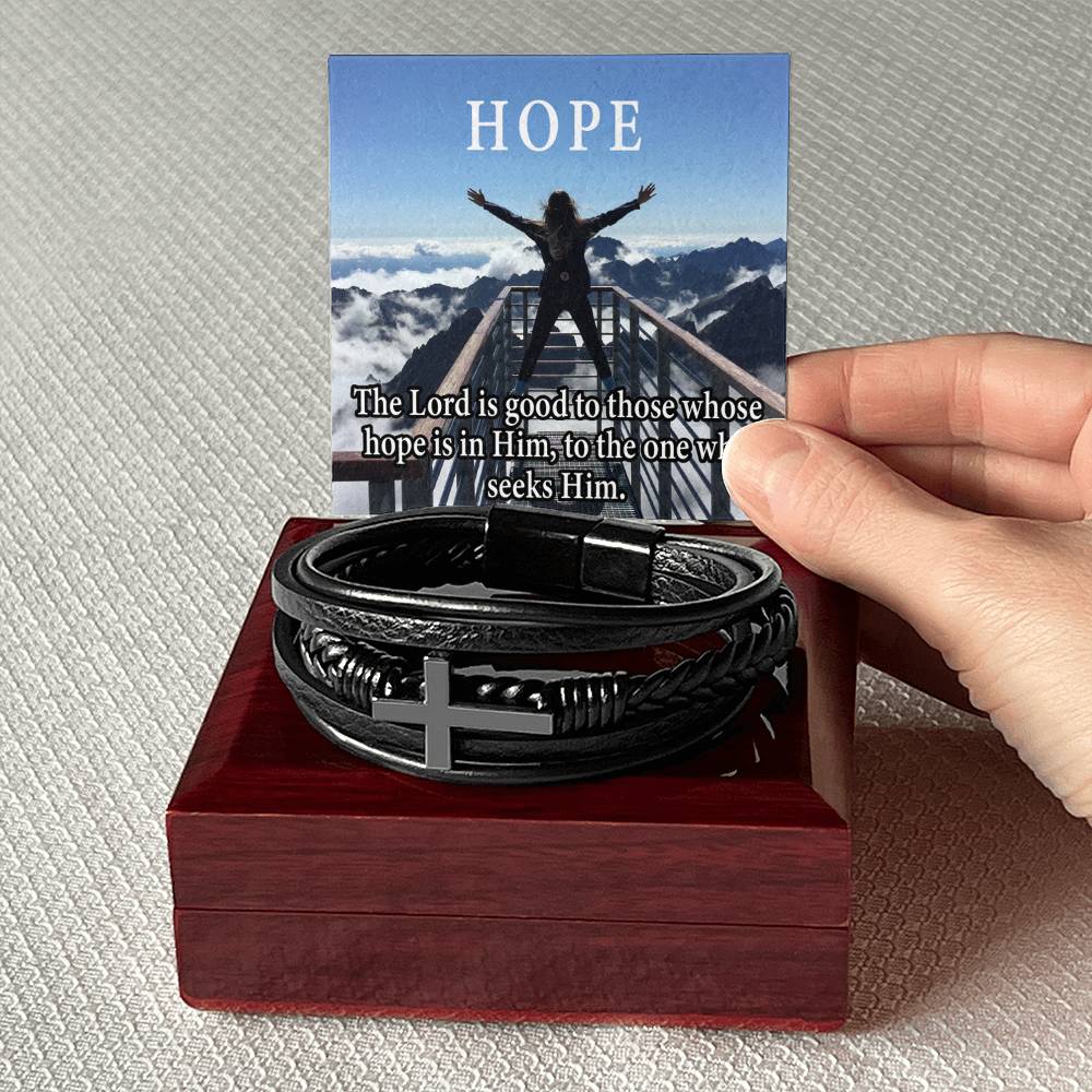 Hope is in Him Men's Stainless Steel & Vegan Leather Cross Bracelet - Vegan Leather with Stainless Steel-Express Your Love Gifts
