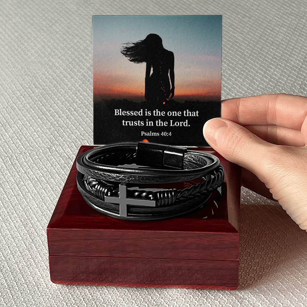 His Trust Psalm 40:4 Men's Stainless Steel & Vegan Leather Cross Bracelet - Vegan Leather with Stainless Steel-Express Your Love Gifts